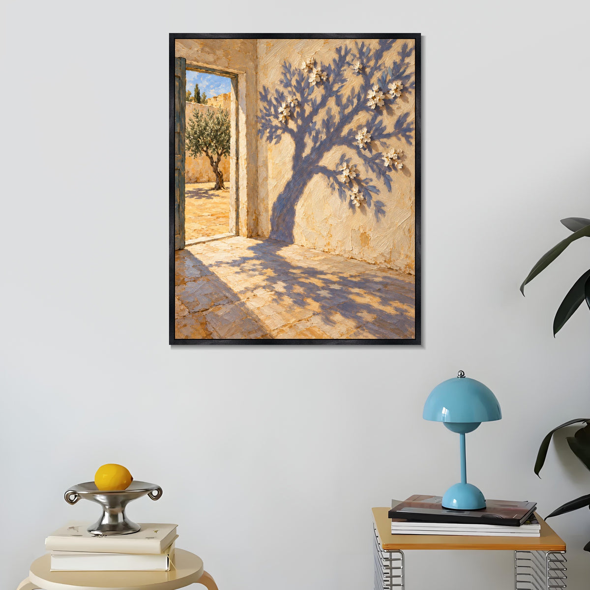 INVIN ART Framed Canvas 100% Handpainted Oil Painting A Flowering Shadow by the Door Wall Art