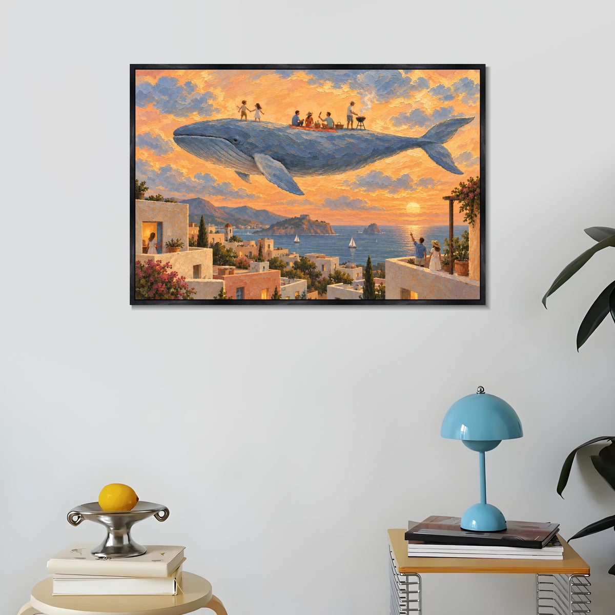 INVIN ART Framed Canvas 100% Handpainted Oil Painting Gathering on the Flying Whale Wall Art