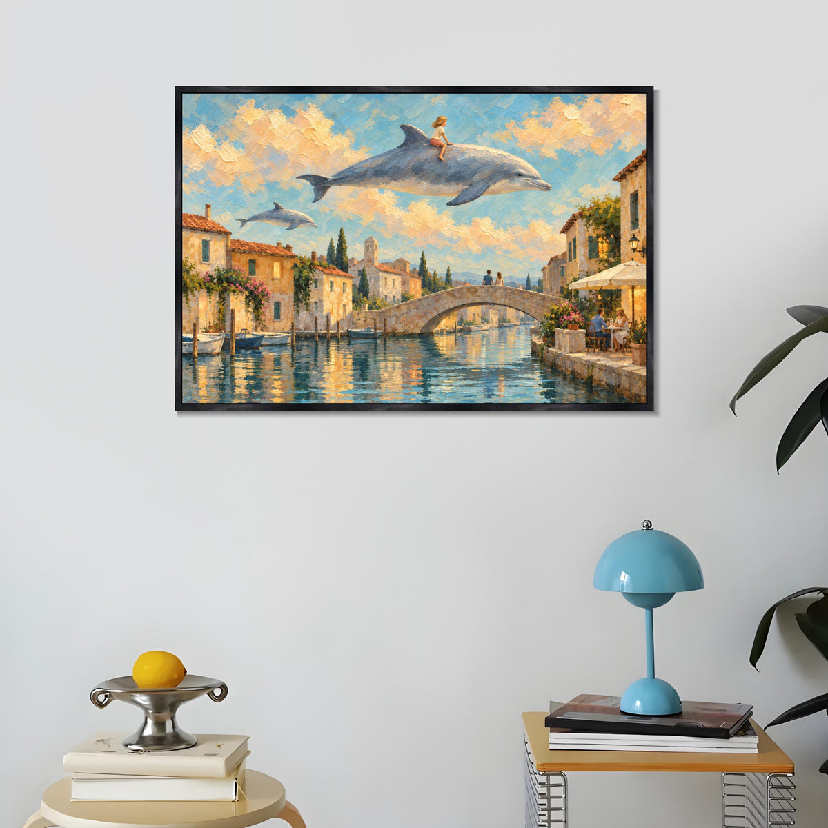 INVIN ART Framed Canvas 100% Handpainted Oil Painting Sky Dolphins Above the Canal Wall Art