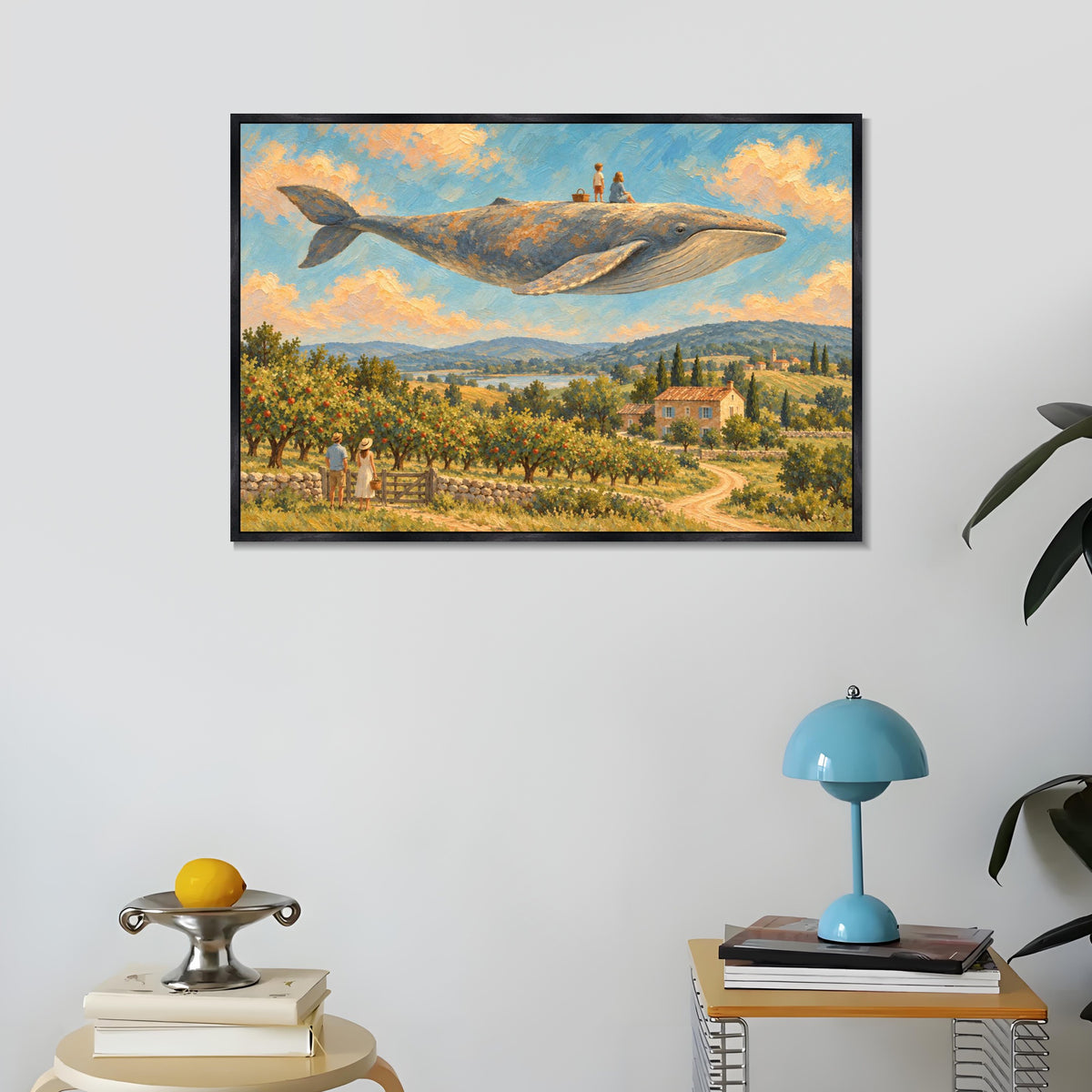 INVIN ART Framed Canvas 100% Handpainted Oil Painting Whale Above the Orchard Wall Art
