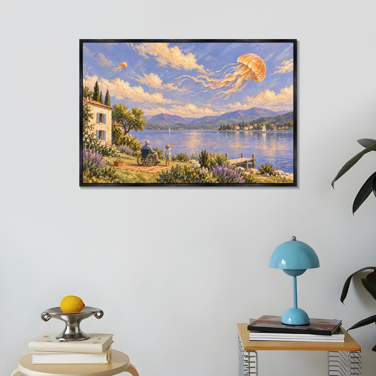INVIN ART Framed Canvas 100% Handpainted Oil Painting Jellyfish Above the Lakeside Wall Art