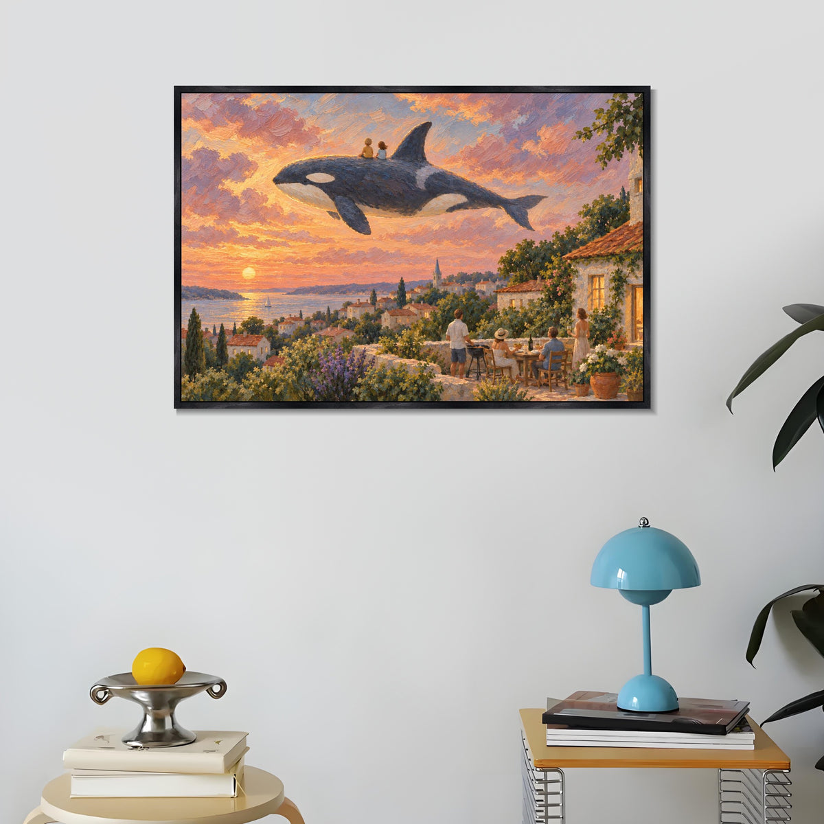 INVIN ART Framed Canvas 100% Handpainted Oil Painting Orca Above the Village Supper Wall Art