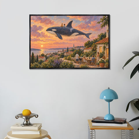 INVIN ART Framed Canvas 100% Handpainted Oil Painting Orca Above the Village Supper Wall Art