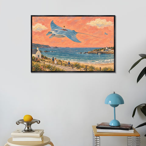 INVIN ART Framed Canvas 100% Handpainted Oil Painting Manta Ray Above the Bay Wall Art