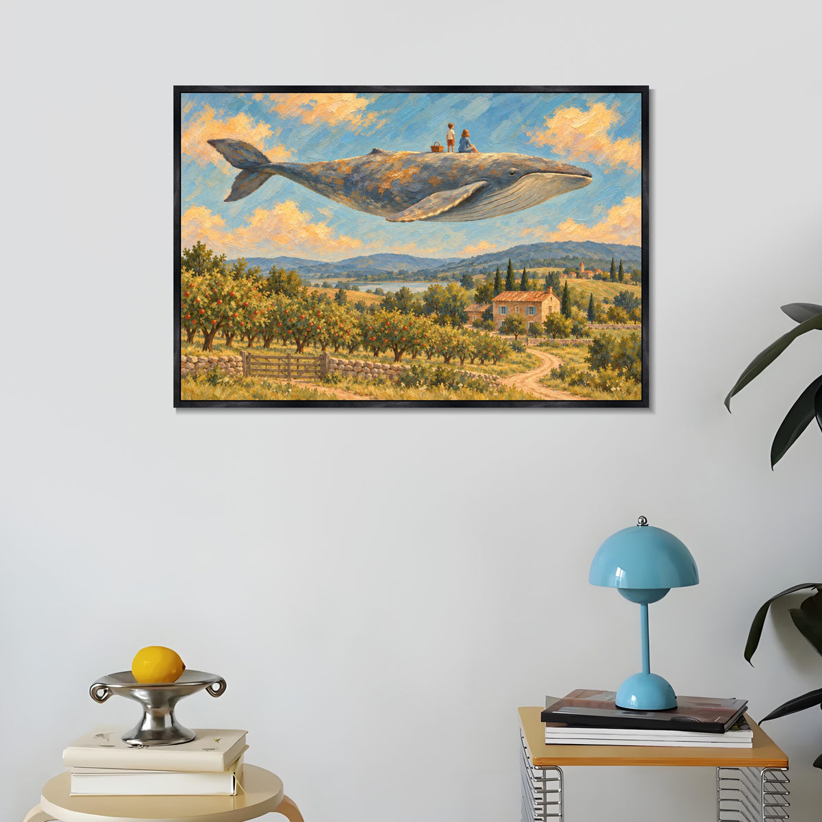 INVIN ART Framed Canvas 100% Handpainted Oil Painting Whale Above the Orchard Picnic Wall Art