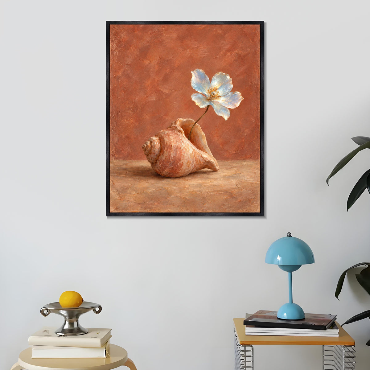 INVIN ART Framed Canvas 100% Handpainted Oil Painting A White Flower in a Shell Wall Art