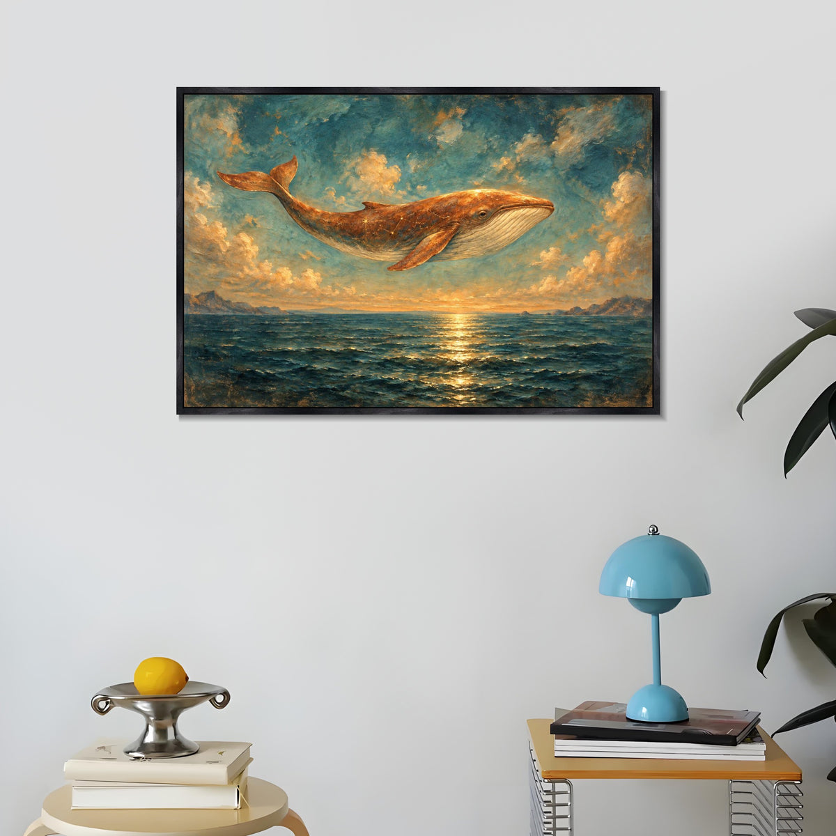 INVIN ART Framed Canvas 100% Handpainted Oil Painting Copper Whale Above the Sea Wall Art