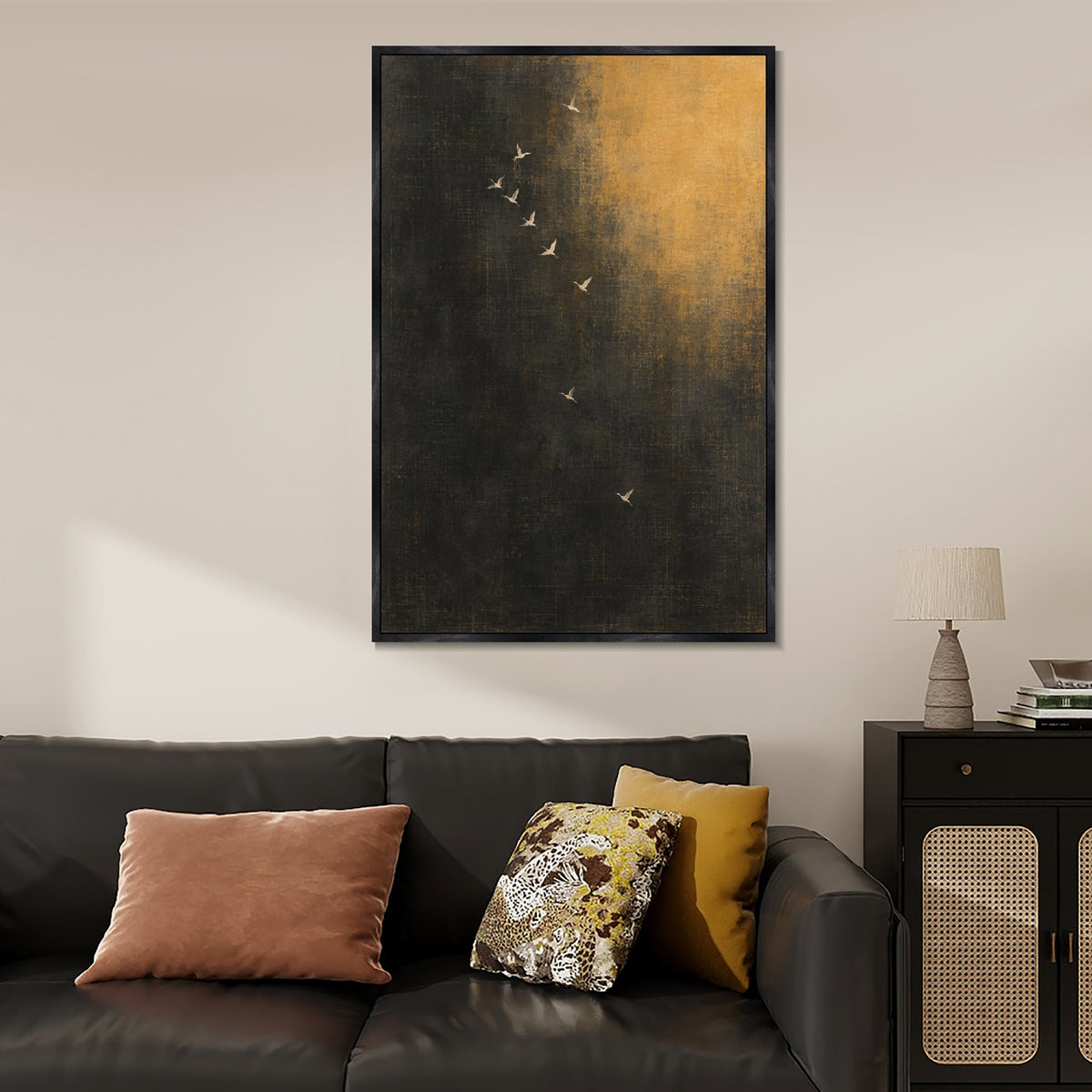 INVIN ART Framed Canvas 100% Handpainted Oil Painting Birds in Amber Night Wall Art