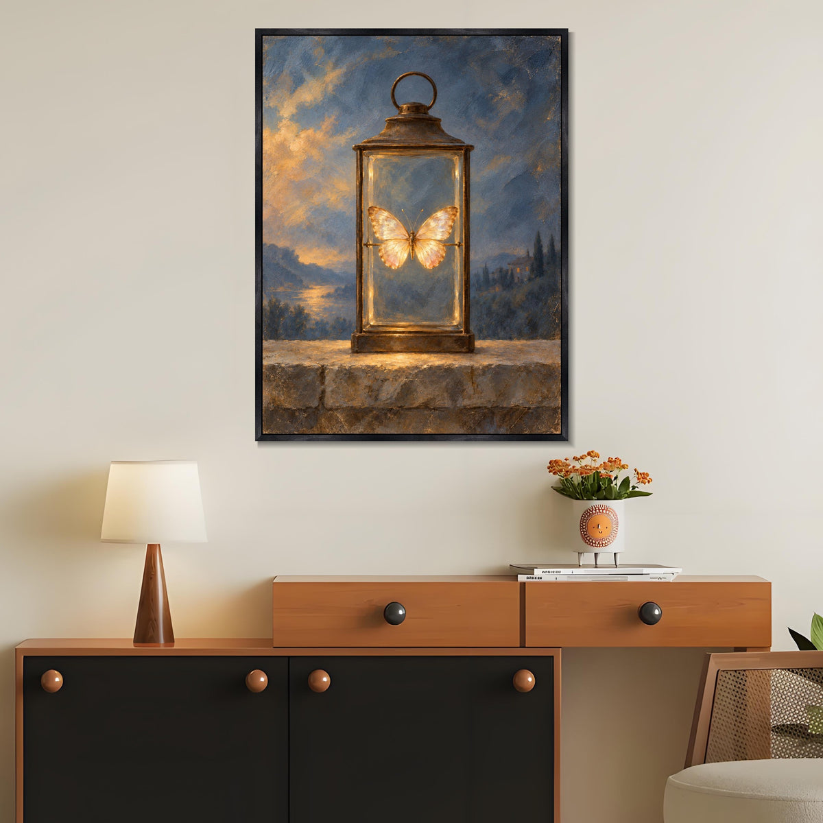 INVIN ART Framed Canvas 100% Handpainted Oil Painting Golden Butterfly in the Lantern Wall Art