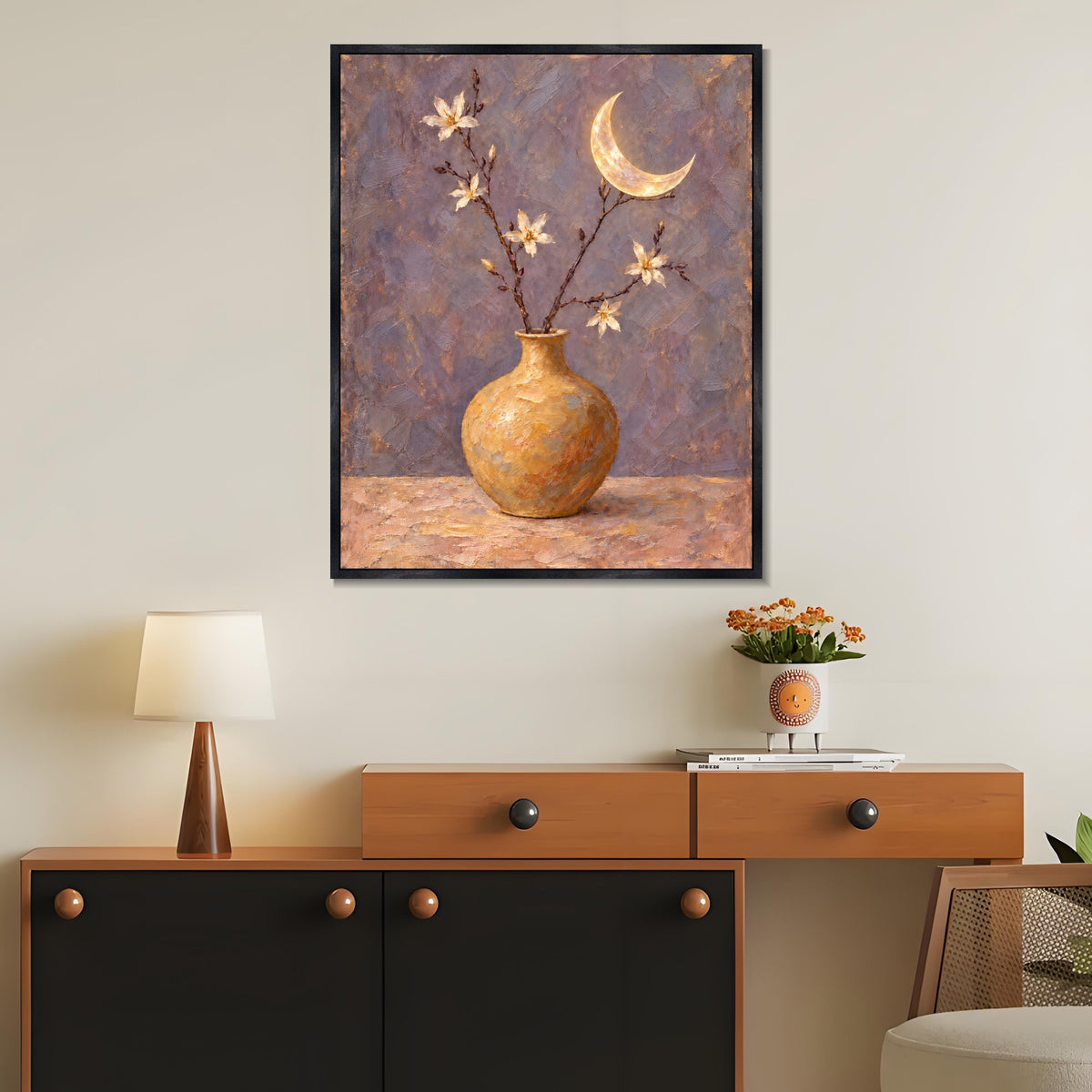 INVIN ART Framed Canvas 100% Handpainted Oil Painting Golden Moon and Flower Vase Wall Art