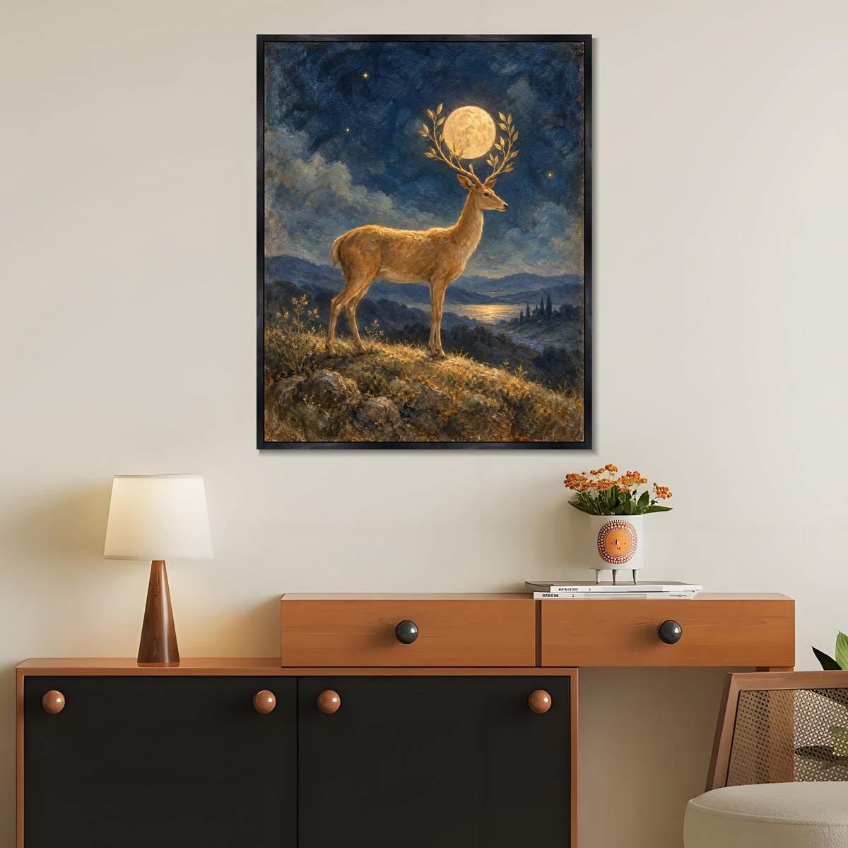 INVIN ART Framed Canvas 100% Handpainted Oil Painting Golden Deer Holding the Moon Wall Art