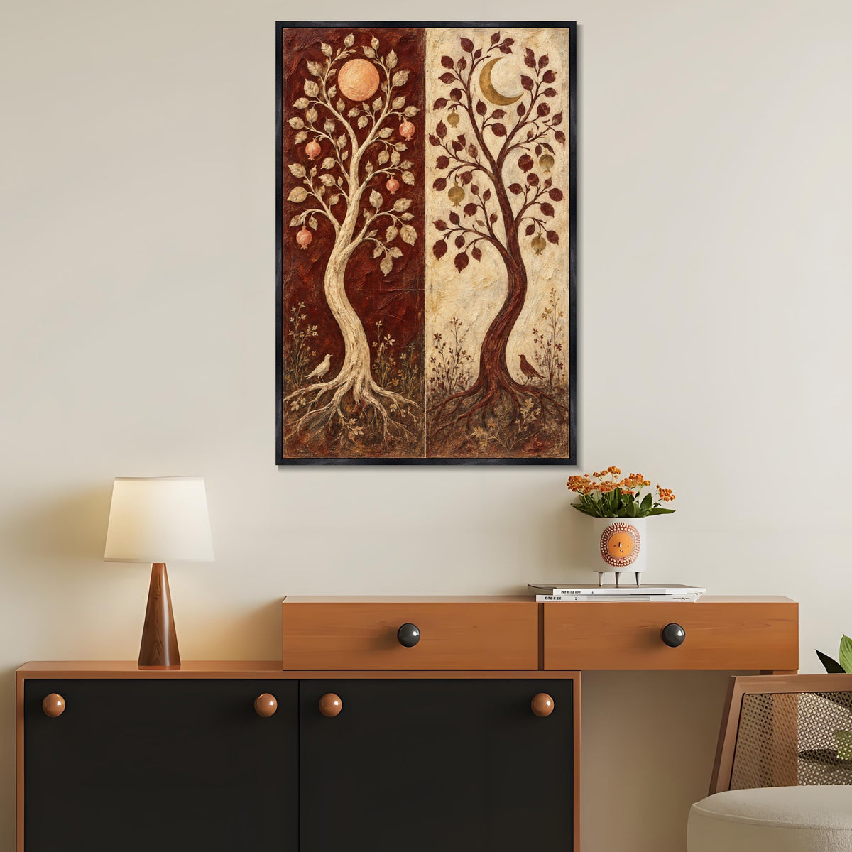 INVIN ART Framed Canvas 100% Handpainted Oil Painting Twin Trees in Burgundy and Ivory Wall Art