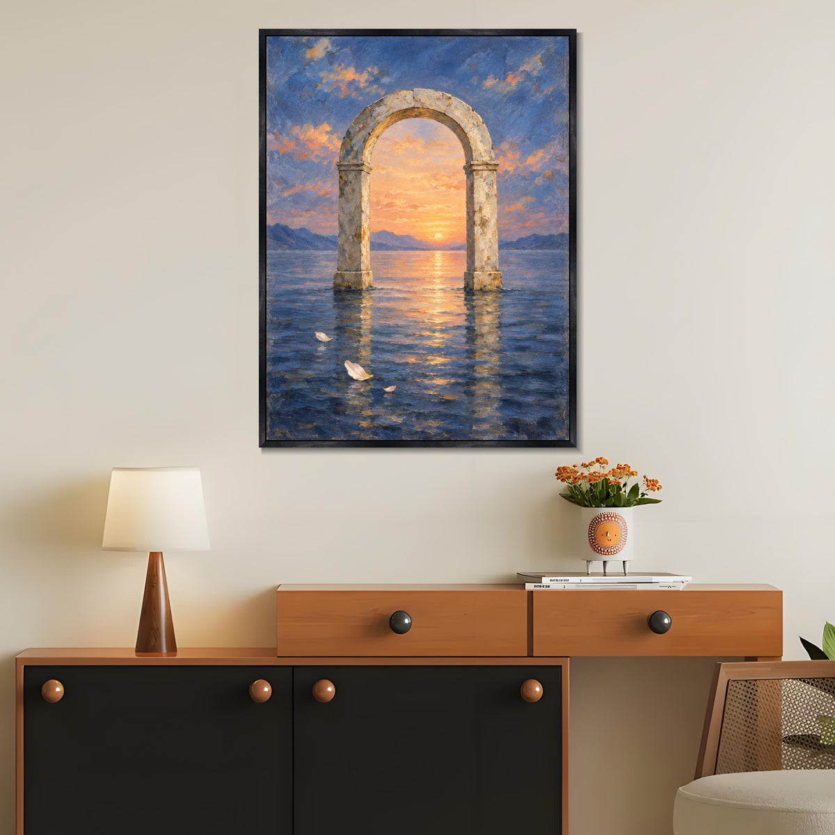 INVIN ART Framed Canvas 100% Handpainted Oil Painting Dawn Arch in Still Water Wall Art