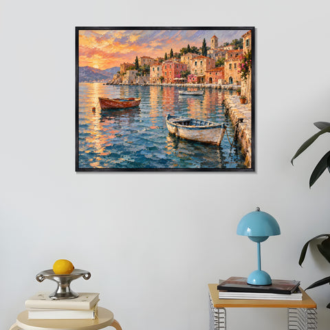 INVIN ART Framed Canvas 100% Handpainted Oil Painting Boats in the Evening Harbor Wall Art
