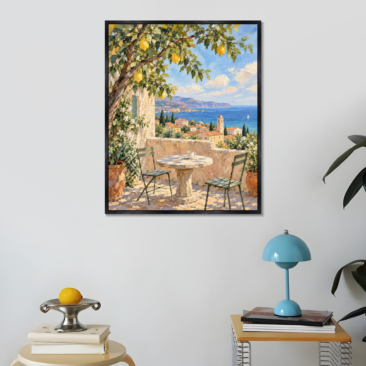 INVIN ART Framed Canvas 100% Handpainted Oil Painting Sea View Beneath the Lemon Tree Wall Art