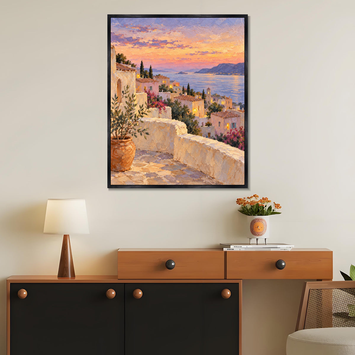 INVIN ART Framed Canvas 100% Handpainted Oil Painting Terraced Town at Sunset Wall Art