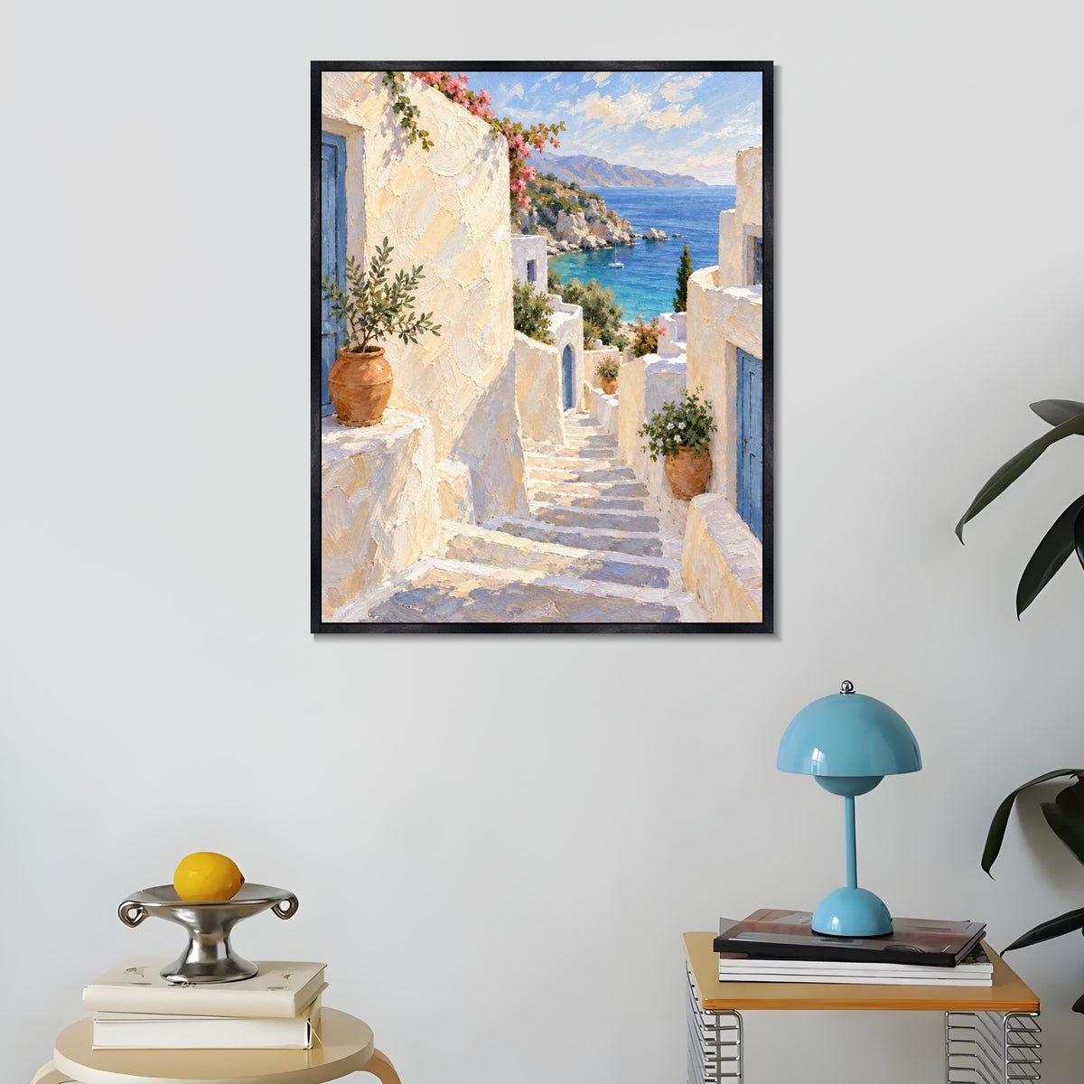 INVIN ART Framed Canvas 100% Handpainted Oil Painting White Steps to the Blue Sea Wall Art