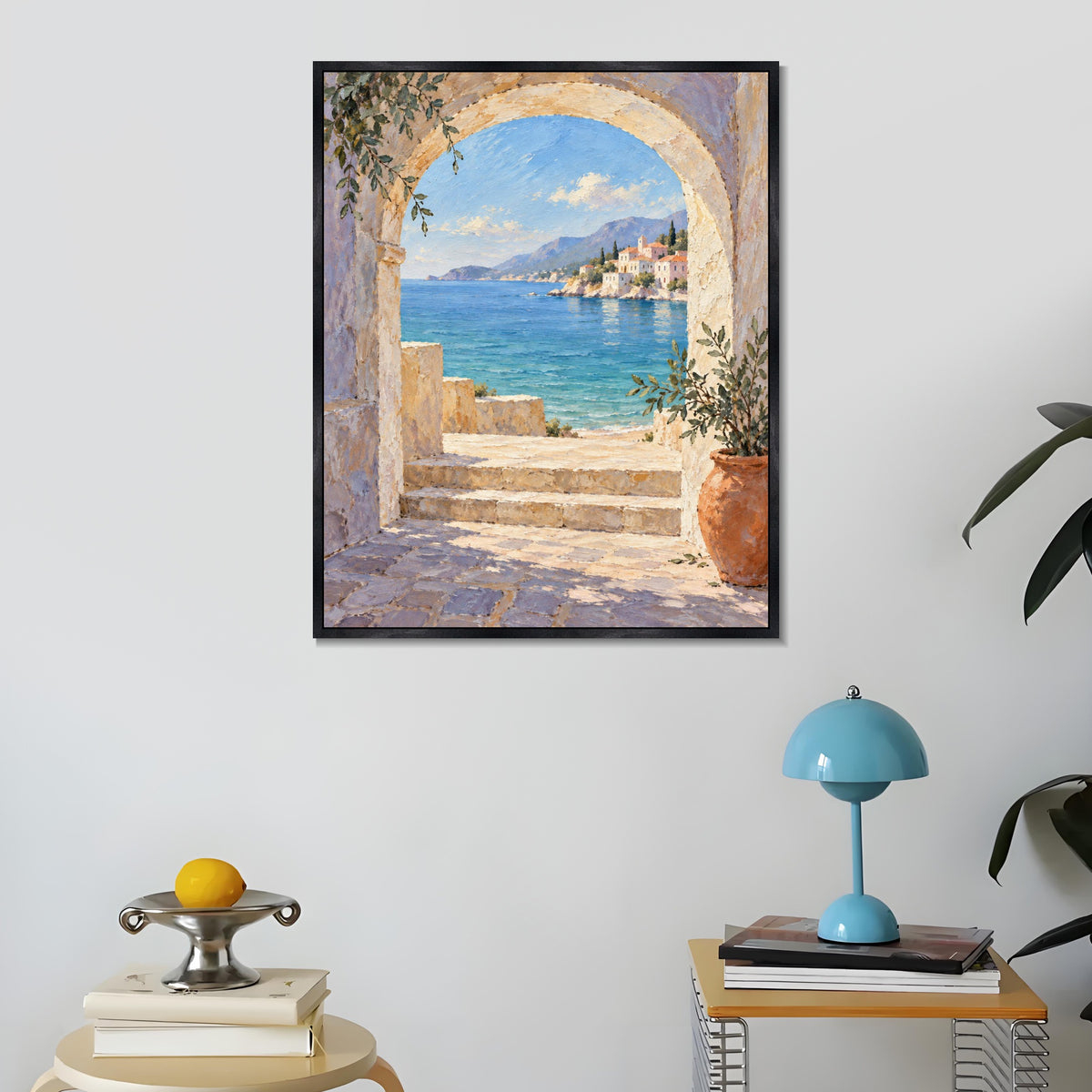 INVIN ART Framed Canvas 100% Handpainted Oil Painting Blue Sea Through the Stone Arch Wall Art