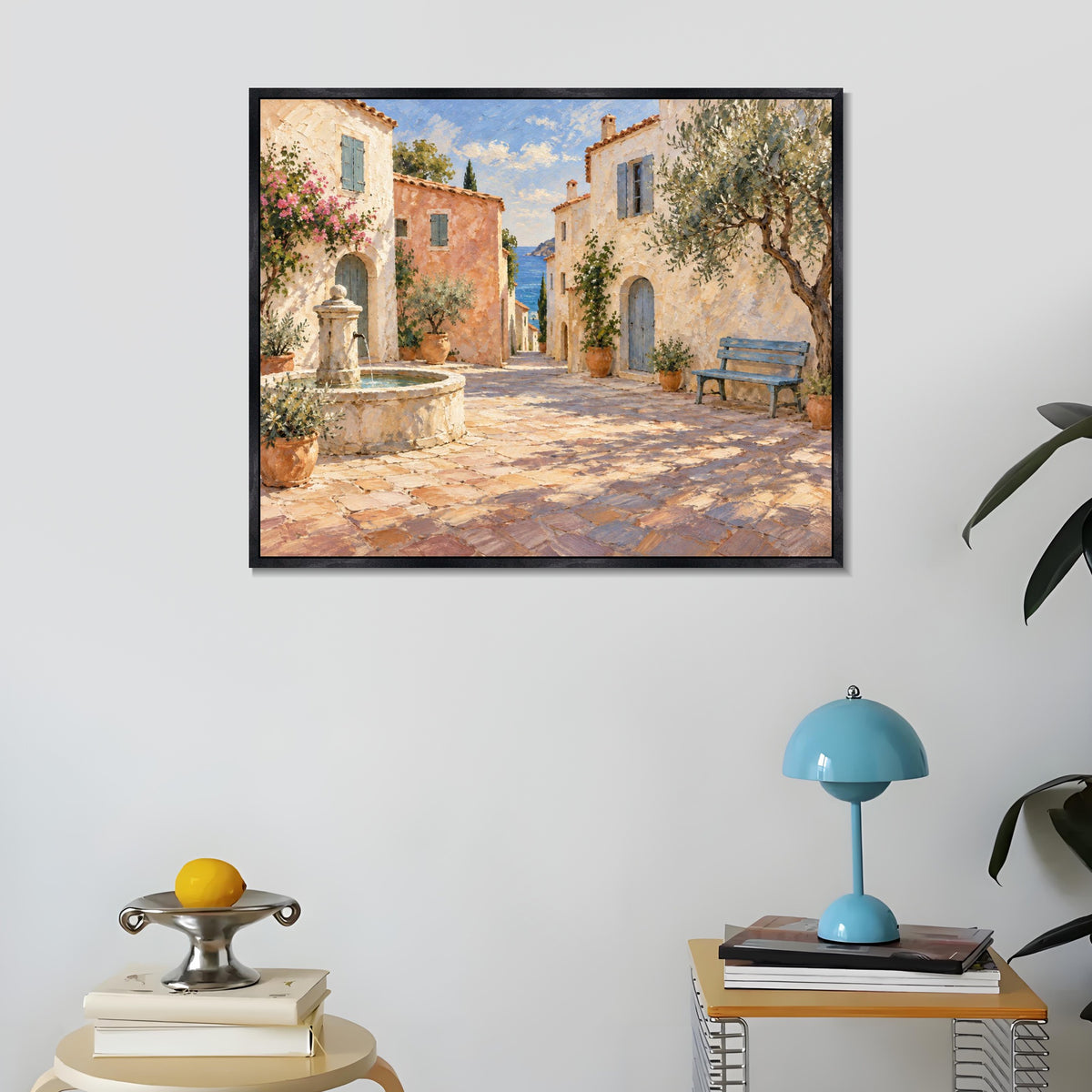 INVIN ART Framed Canvas 100% Handpainted Oil Painting Sunny Lane by the Fountain Wall Art
