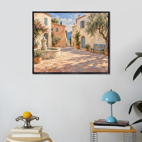 INVIN ART Framed Canvas 100% Handpainted Oil Painting Sunny Lane by the Fountain Wall Art