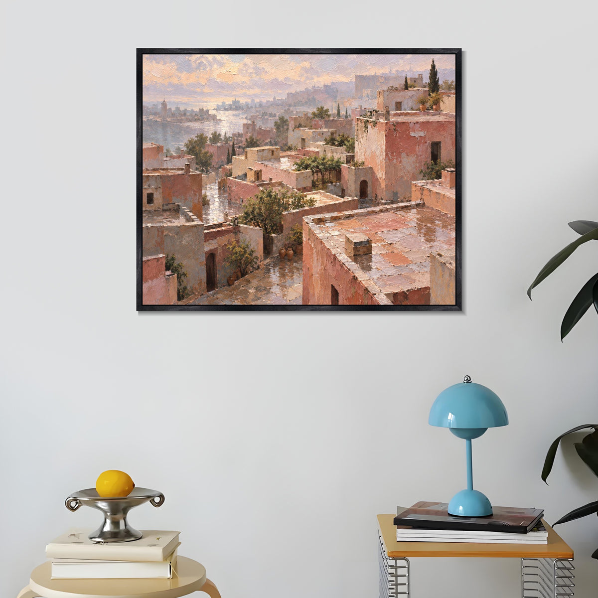 INVIN ART Framed Canvas 100% Handpainted Oil Painting Pink Rooftops Above the Sea Wall Art