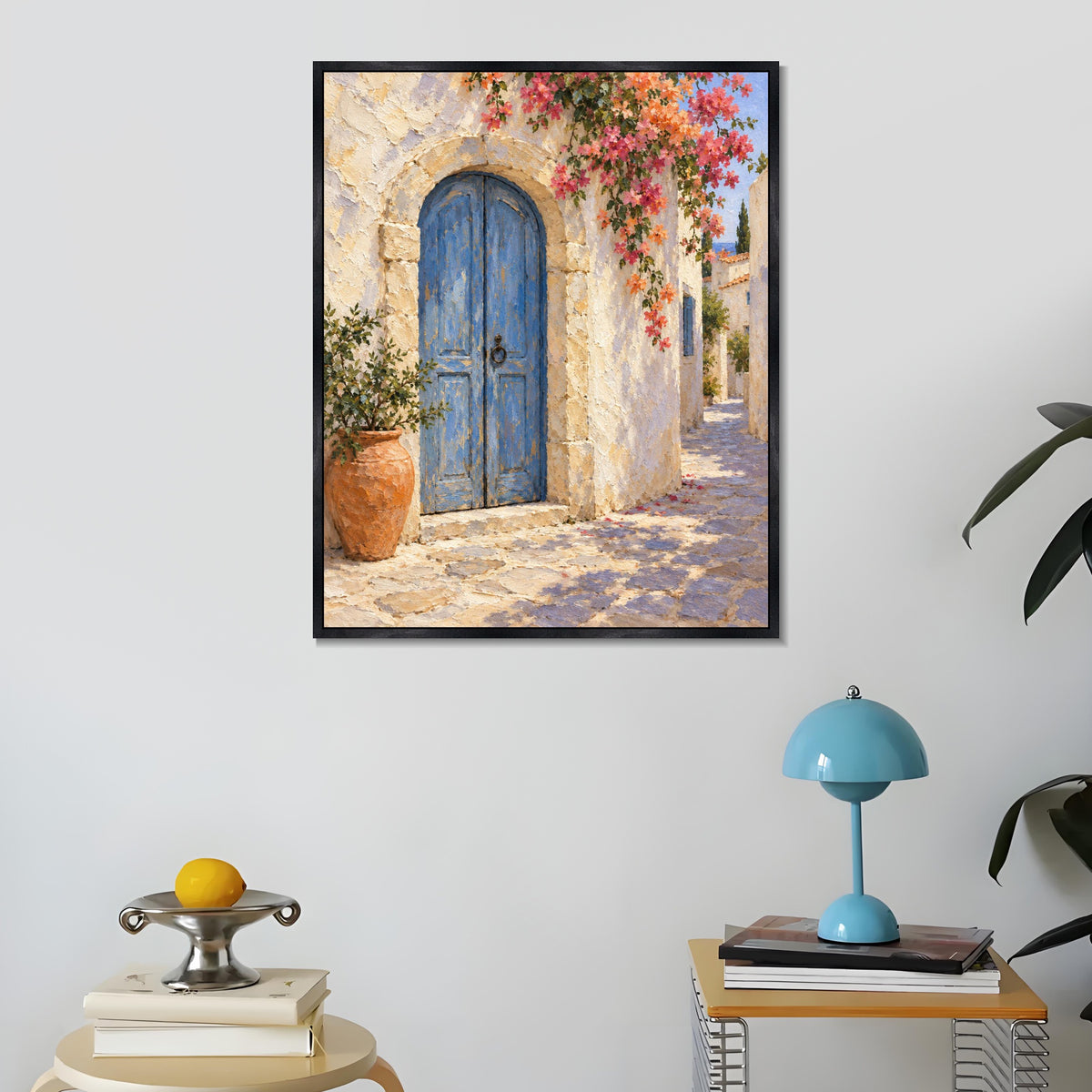 INVIN ART Framed Canvas 100% Handpainted Oil Painting Blue Door Beneath Blossoms Wall Art