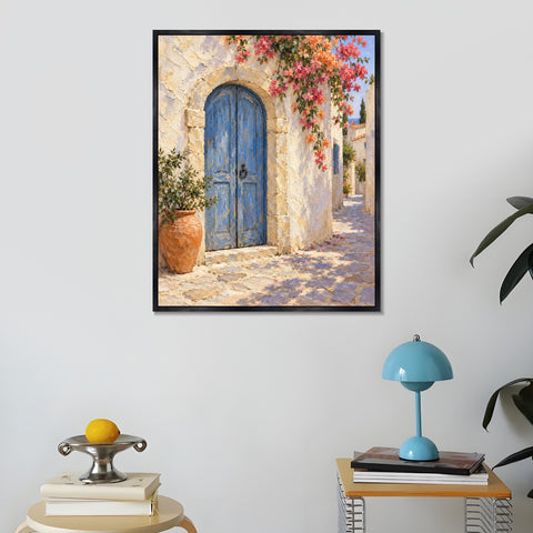 INVIN ART Framed Canvas 100% Handpainted Oil Painting Blue Door Beneath Blossoms Wall Art