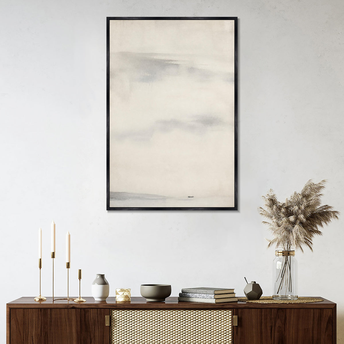 INVIN ART Framed Canvas 100% Handpainted Oil Painting Beyond the Lone Boat Wall Art