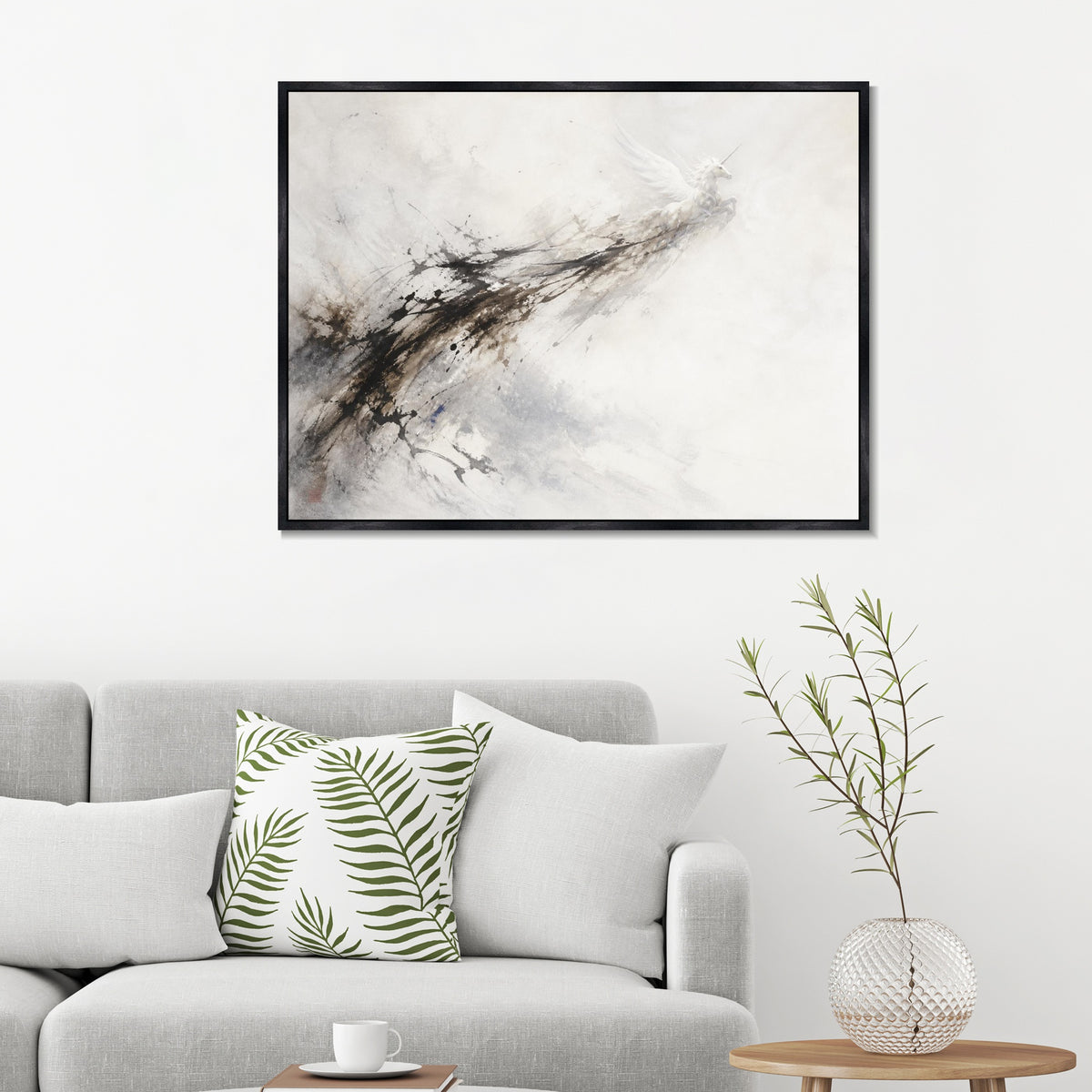 INVIN ART Framed Canvas 100% Handpainted Oil Painting Unicorn in Ink and Mist Wall Art