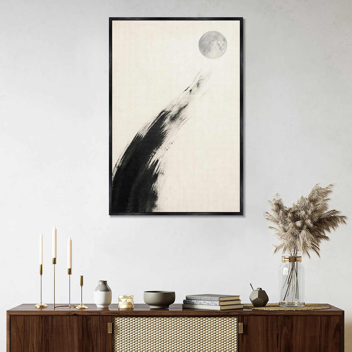 INVIN ART Framed Canvas 100% Handpainted Oil Painting Moon Descending into White Wall Art