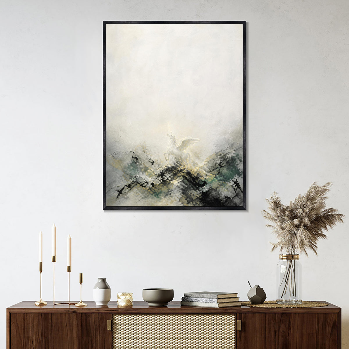 INVIN ART Framed Canvas 100% Handpainted Oil Painting Winged Unicorn Above Misty Hills Wall Art