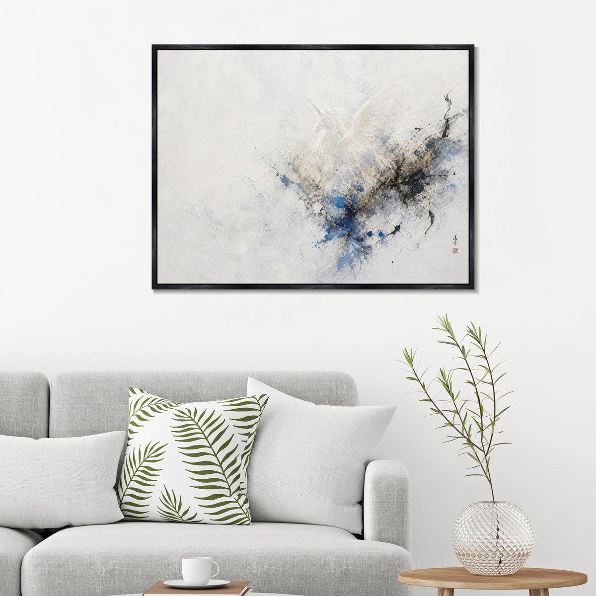 INVIN ART Framed Canvas 100% Handpainted Oil Painting Unicorn in Blue and Gold Mist Wall Art