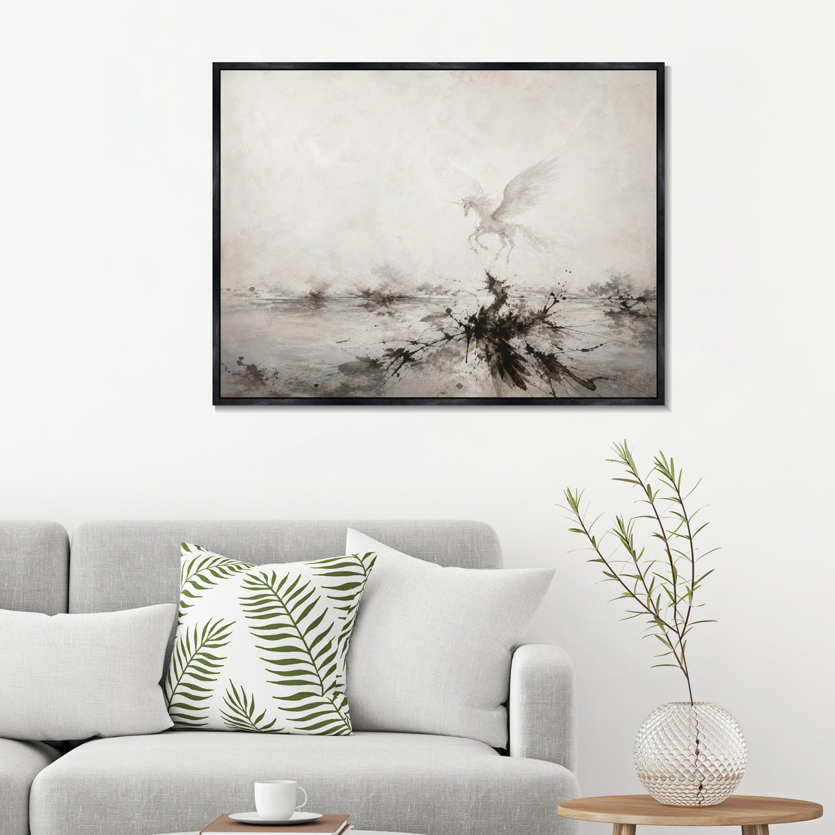 INVIN ART Framed Canvas 100% Handpainted Oil Painting Unicorn Above Misty Waters Wall Art