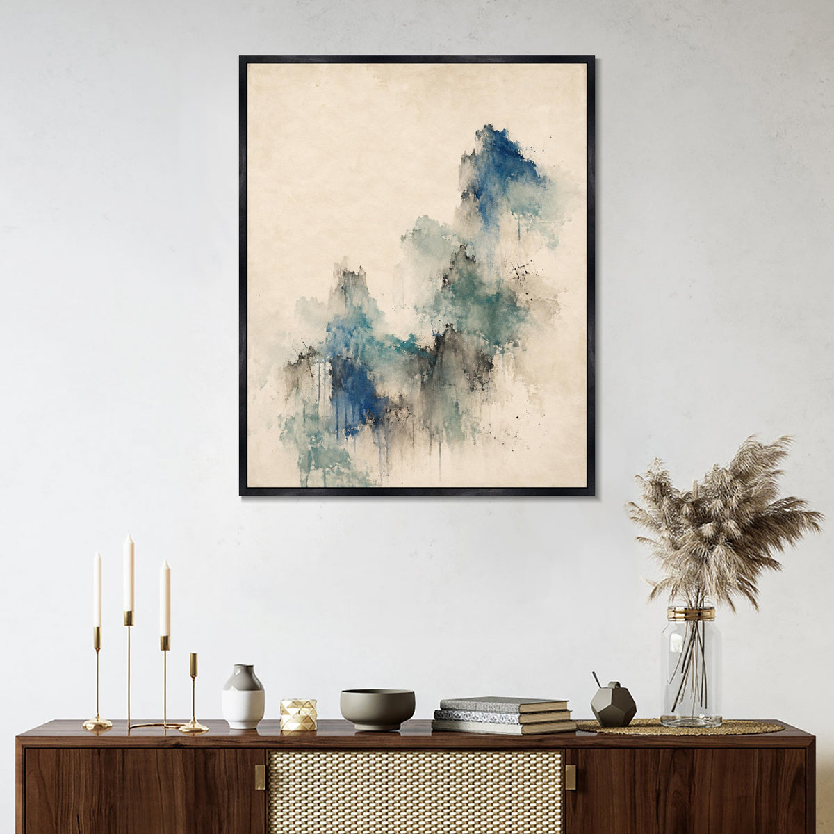 INVIN ART Framed Canvas 100% Handpainted Oil Painting Blue Green Memory Wall Art