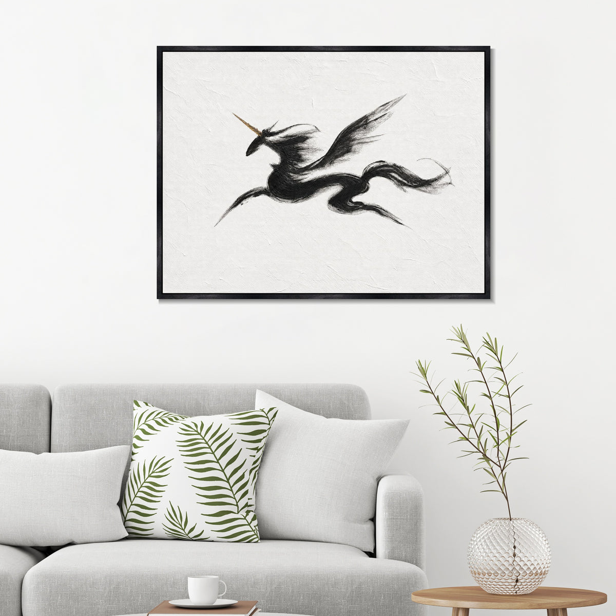 INVIN ART Framed Canvas 100% Handpainted Oil Painting Unicorn in Sweeping Black Lines Wall Art