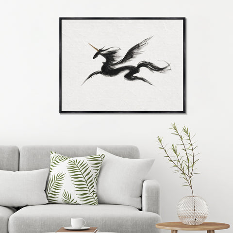INVIN ART Framed Canvas 100% Handpainted Oil Painting Unicorn in Sweeping Black Lines Wall Art