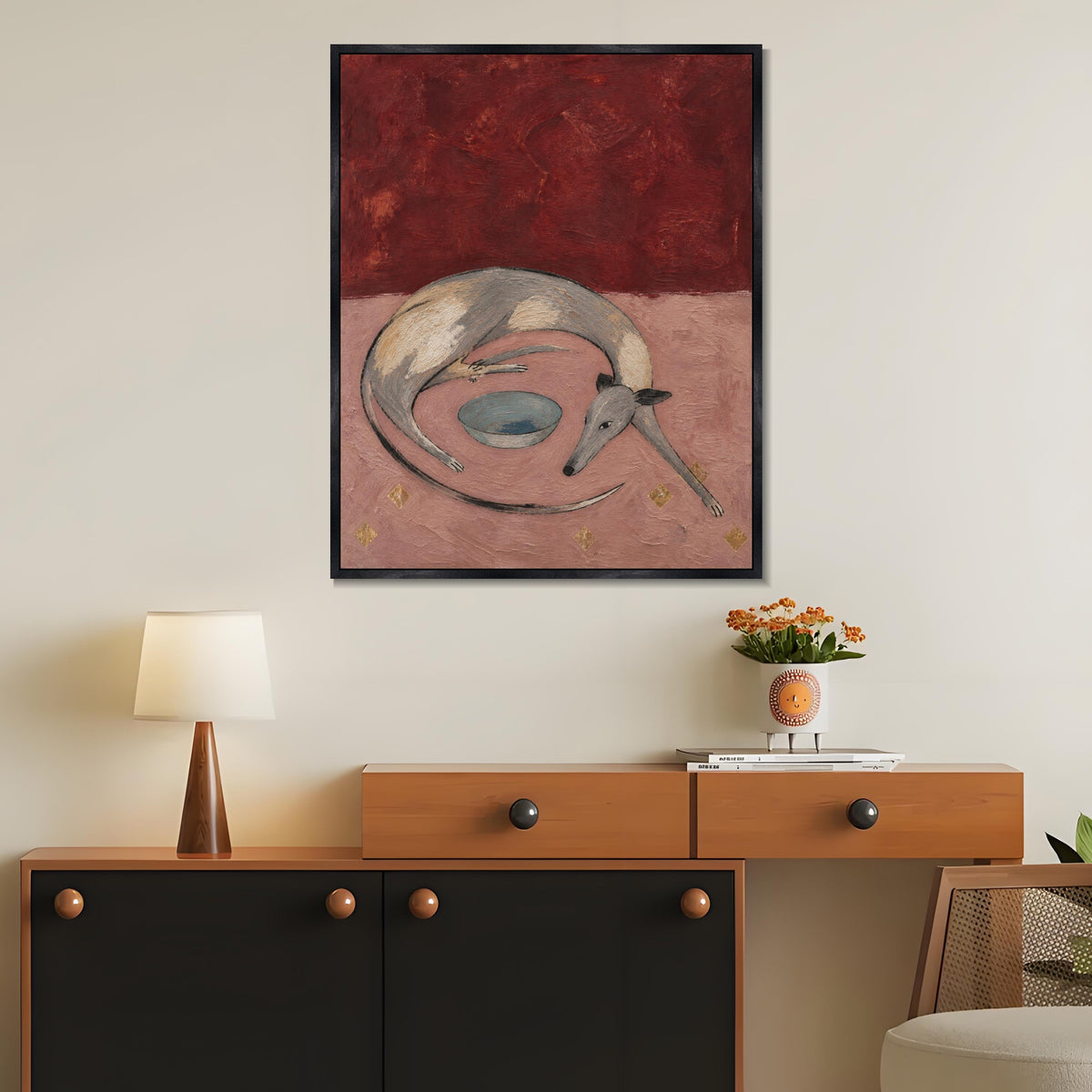 INVIN ART Framed Canvas 100% Handpainted Oil Painting Resting Dog and the Bowl Wall Art