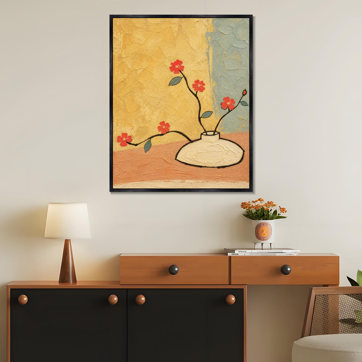 INVIN ART Framed Canvas 100% Handpainted Oil Painting Red Flowers Against Yellow Wall Art
