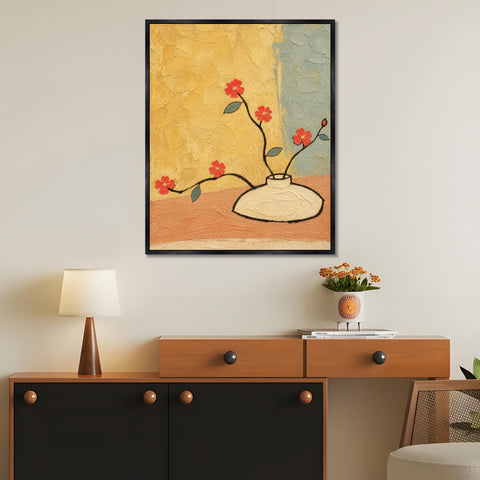 INVIN ART Framed Canvas 100% Handpainted Oil Painting Red Flowers Against Yellow Wall Art