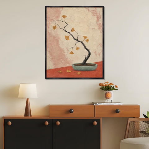 INVIN ART Framed Canvas 100% Handpainted Oil Painting Ginkgo Branch in a Shallow Pot Wall Art