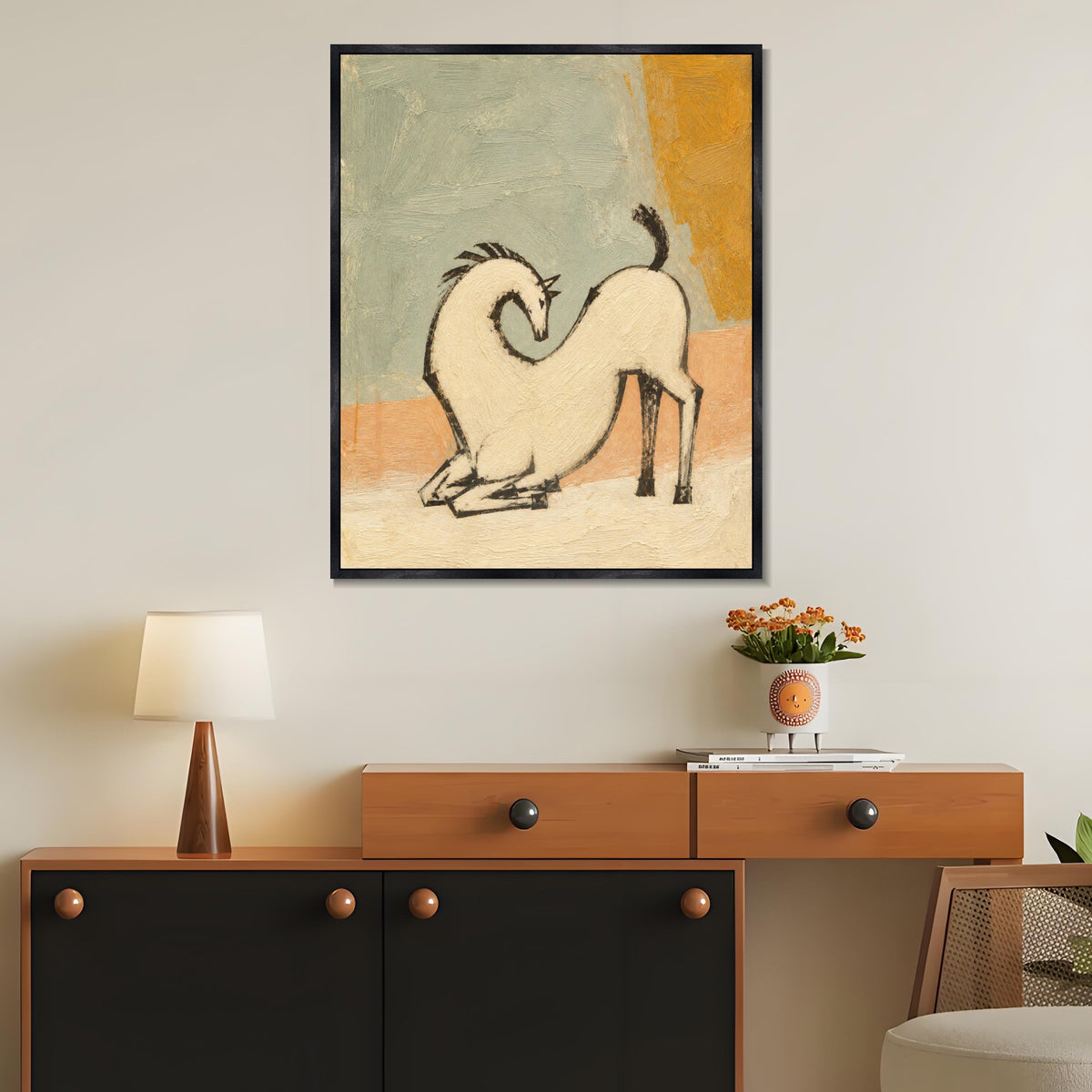 INVIN ART Framed Canvas 100% Handpainted Oil Painting White Horse with a Curved Neck Wall Art