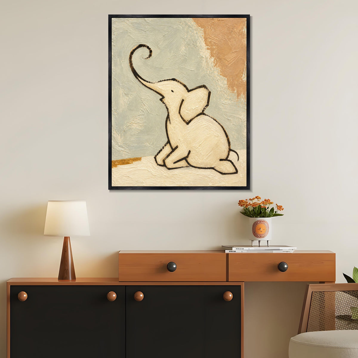 INVIN ART Framed Canvas 100% Handpainted Oil Painting Elephant with a Raised Trunk Wall Art