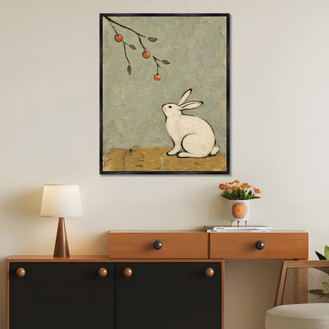 INVIN ART Framed Canvas 100% Handpainted Oil Painting Rabbit Beneath the Fruit Branch Wall Art
