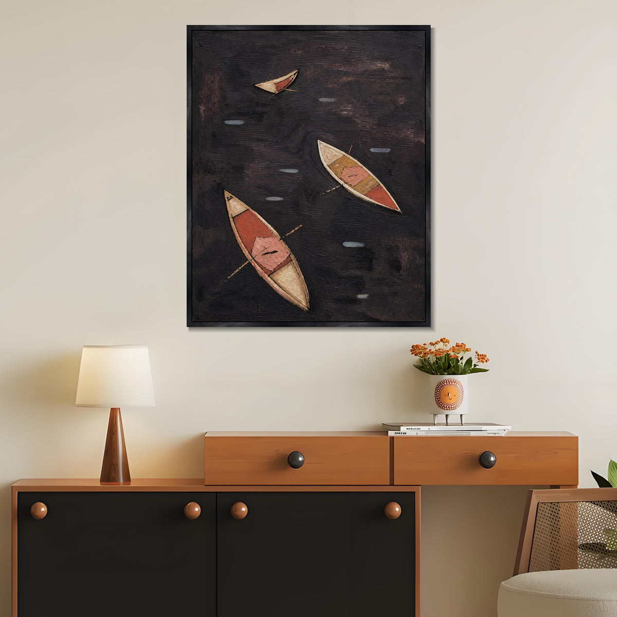 INVIN ART Framed Canvas 100% Handpainted Oil Painting Three Boats on Dark Water Wall Art
