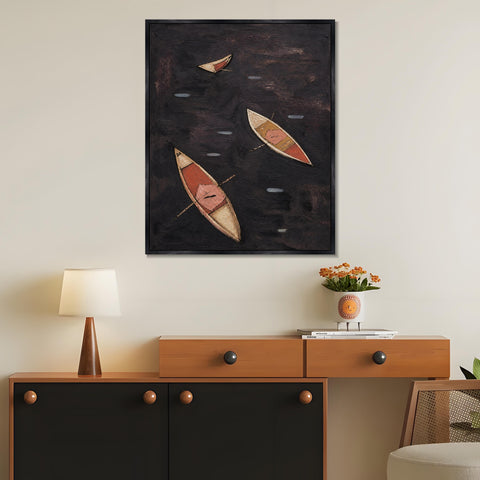 INVIN ART Framed Canvas 100% Handpainted Oil Painting Three Boats on Dark Water Wall Art