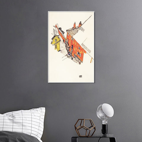 INVIN ART Framed Canvas Giclee Print House by Egon Schiele Wall Art Living Room Home Office Decorations