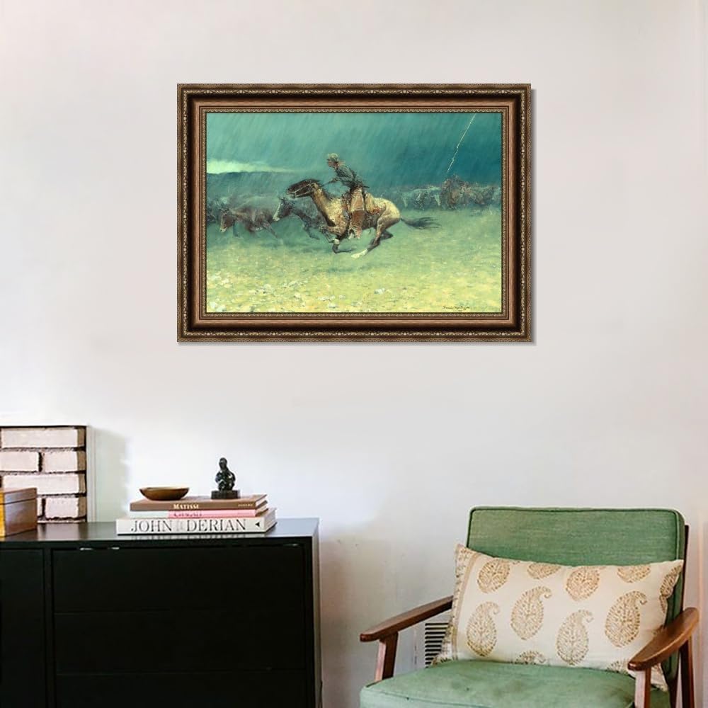 INVIN ART Framed Canvas Giclee Print The Stampede by Frederic Remington Wall Art