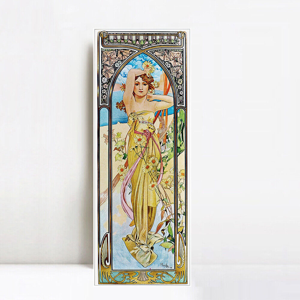 INVIN ART Framed Canvas Giclee Print Brightness of Day. From The Times of the Day Series. 1899 by Alphonse Mucha Wall Art (White Slim Frame,16"x48")