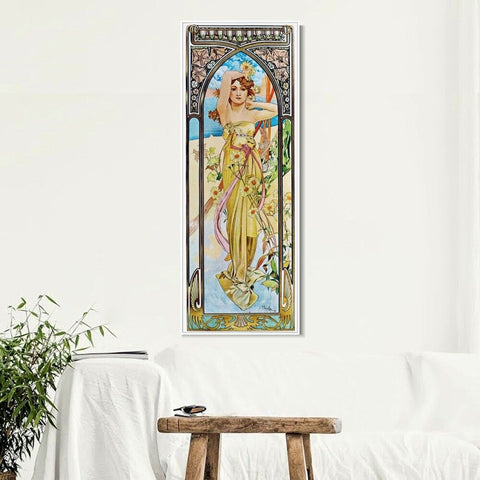 INVIN ART Framed Canvas Giclee Print Brightness of Day. From The Times of the Day Series. 1899 by Alphonse Mucha Wall Art Living Room Home Office Decorations(White Slim Frame,16"x48")