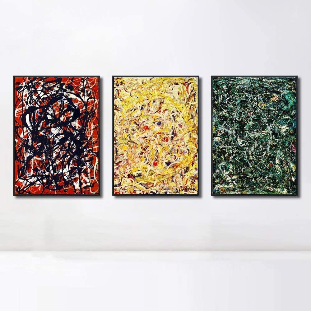 INVIN ART Framed Canvas Giclee Print Art Combo Painting 3 Pieces by Jackson Pollock Wall Art Series#12 (Black Slim Frame,20"x28"Each Piece)